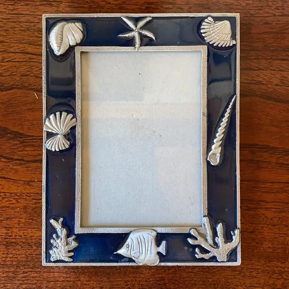 Pewter Sea Life on Navy Blue Enamel Photo Frame‎